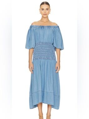 MISA Los Angeles Marilou Chambray Dress XS Off Shoulder Smocked Midi Blue